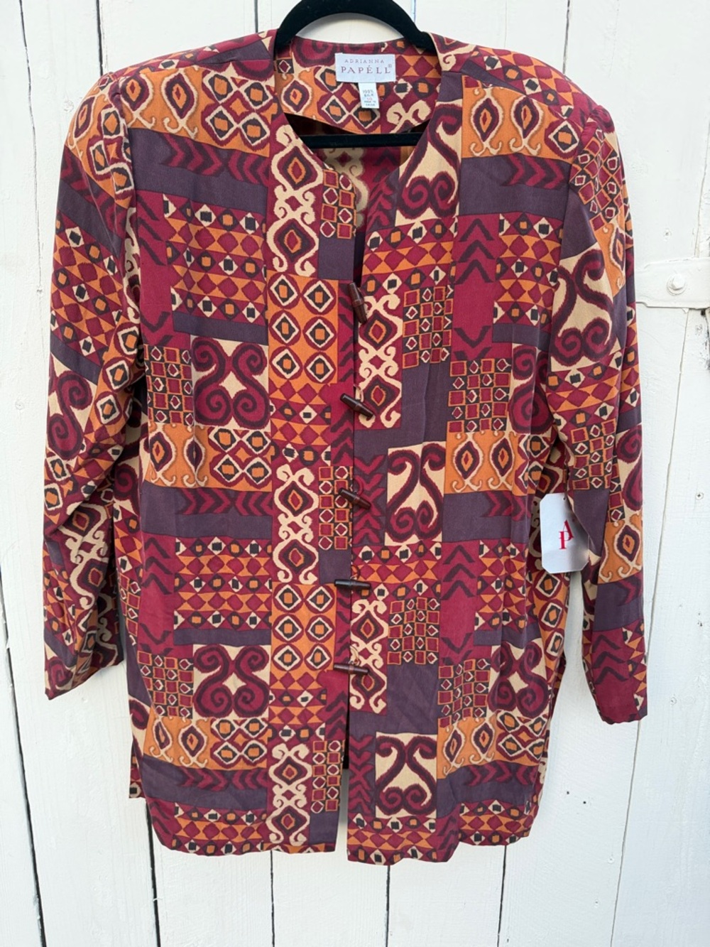 NWT 100% Silk Vintage Adrianna Papell Wood Button Jacket